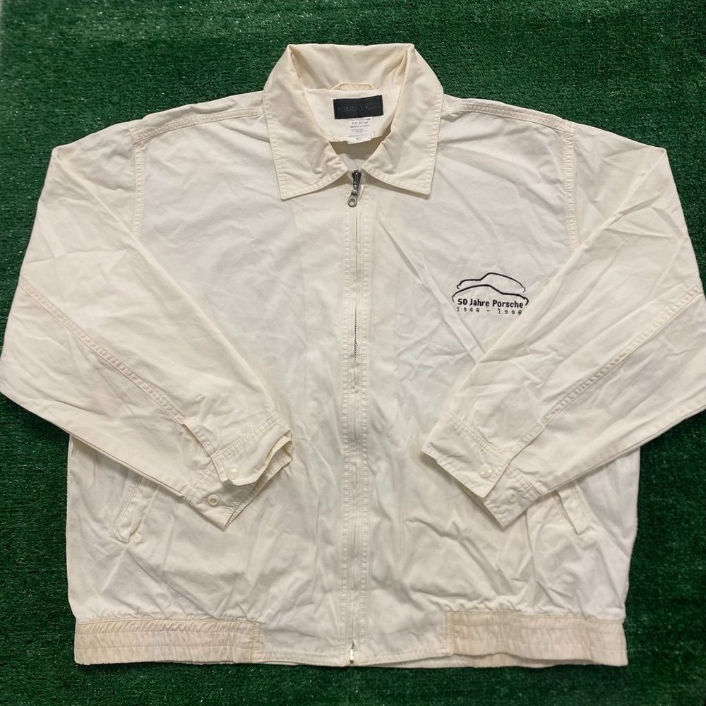 Vintage 90s Porsche 50 Year Anniversary Windbreaker Bomber Jacket Cream XL